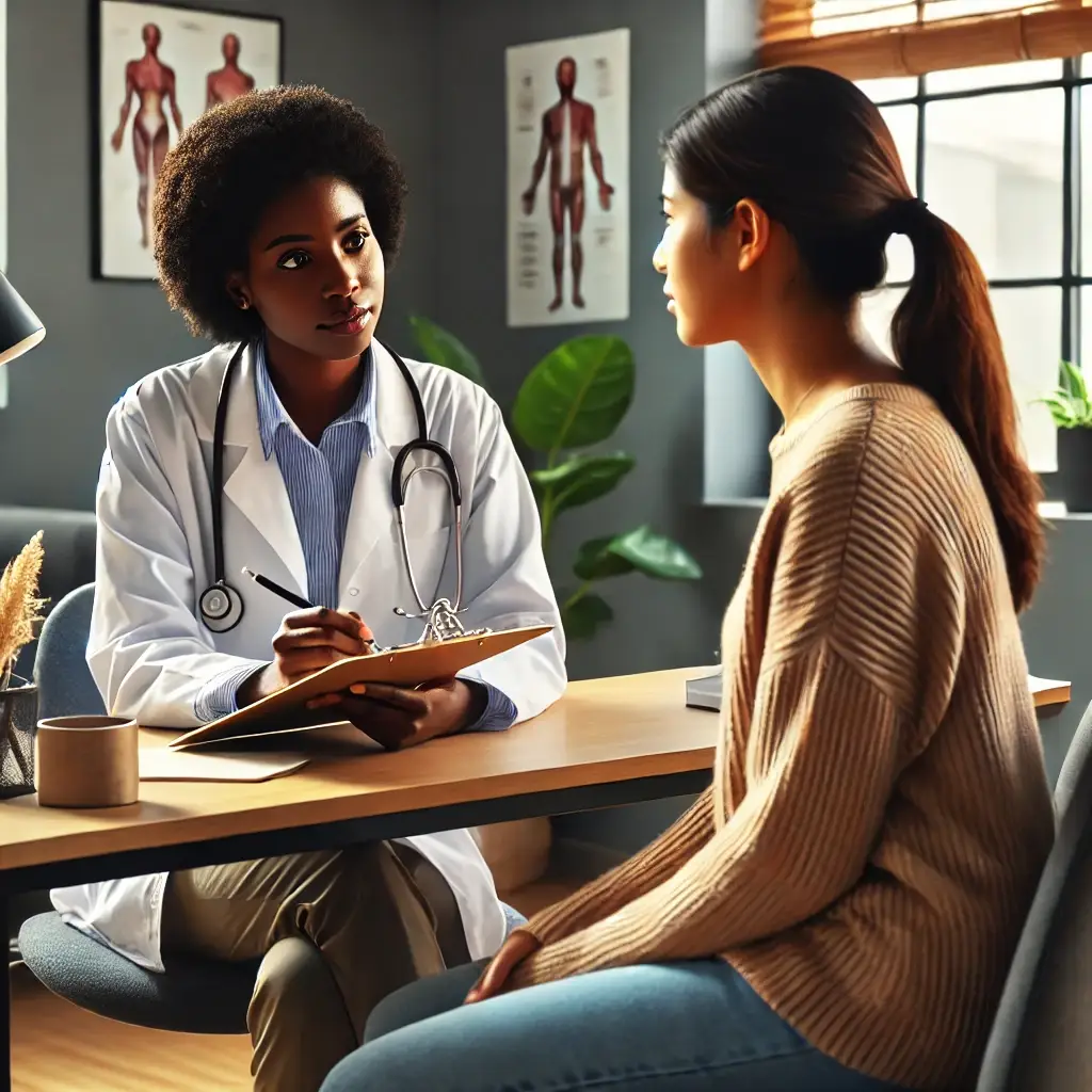 Social worker administering the Mini-Mental Status Exam (MMSE) to assess a client's cognitive function.