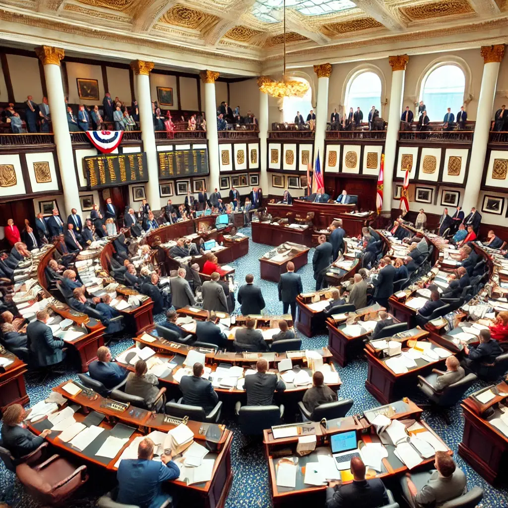A-busy-legislative-session-in-the-Florida-State-Capitol-with-lawmakers-discussing-and-voting-on-bills.