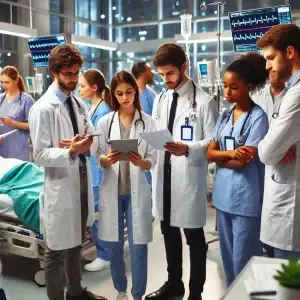 A group of diverse healthcare professionals in a busy hospital setting, discussing patient care. The environment includes medical equipment, hospital beds, and patient charts. The professionals are wearing lab coats and scrubs, with some holding tablets and others reviewing charts, reflecting a collaborative and focused atmosphere.