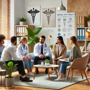 A diverse group of mental health professionals discussing a case in a modern office setting. The environment includes medical charts, comfortable seating, and calming decor with plants and motivational posters. The professionals are dressed in business casual attire, actively engaged in a productive conversation