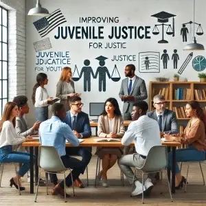 A group of diverse educators and juvenile justice professionals discussing educational programs for youth in a classroom setting. The environment includes desks, educational materials, and a whiteboard with notes. The professionals are dressed in business casual attire, collaborating on strategies for improving juvenile education and justice.