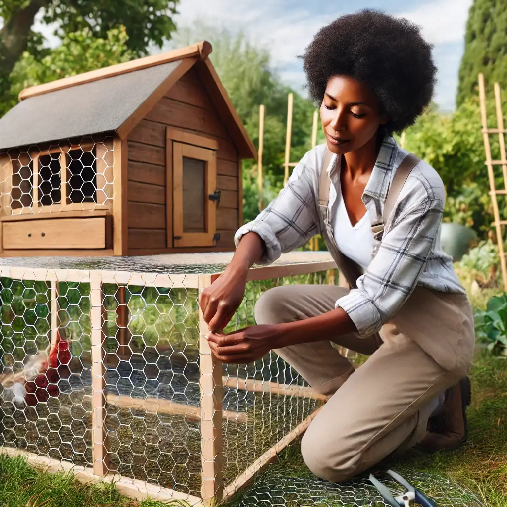 Keeping chickens safe by securing the coop with a Rhode Island XL Chicken Coop and reinforcing it with chicken wire.