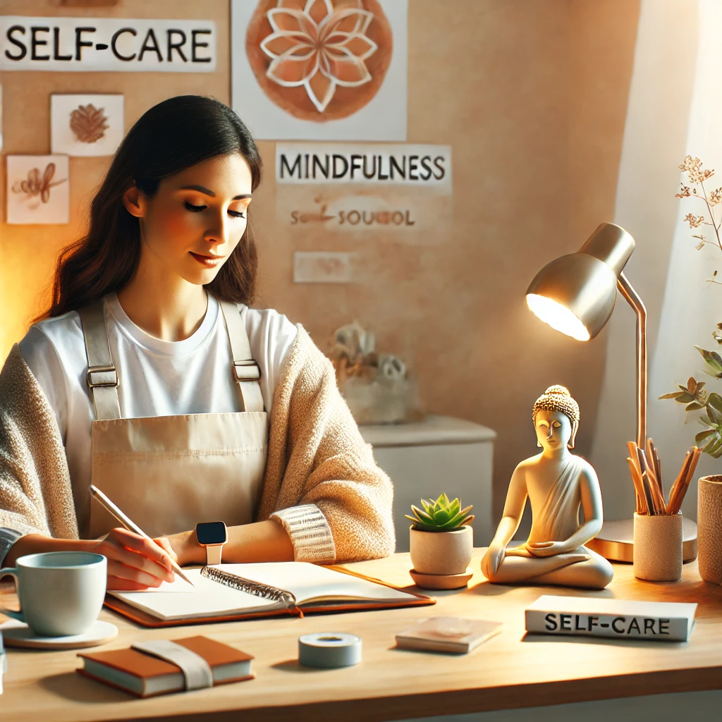 Self-care tips for social workers - A serene workspace with a social worker, surrounded by self-care elements such as a cup of tea, a small plant, and a mindfulness journal.