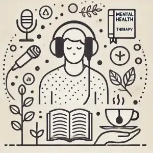 Minimalistic illustration of a person listening to a podcast with headphones, with simple icons of a microphone, book, plant, and a cup of tea, symbolizing mental health, therapy, and relaxation.