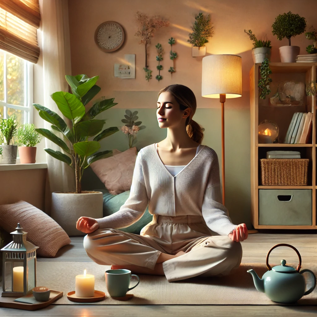 A peaceful scene of a person managing anxiety through mindfulness. The individual is sitting cross-legged on a mat in a serene indoor space, with eyes closed and a calm expression. The room is softly lit with natural light, surrounded by calming elements like plants, a lit candle, and a cup of herbal tea. The soft, earthy tones of the room enhance the tranquil atmosphere, with a bookshelf and a small indoor fountain in the background.