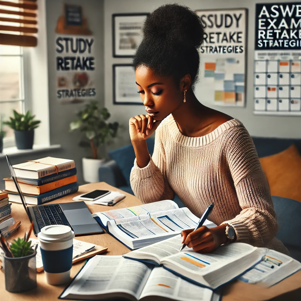 Focused Black female reviewing ASWB Exam retake strategies with study materials and checklist for success.