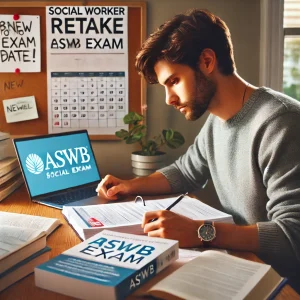 Social worker preparing for ASWB Exam retake with study materials, motivational posters, and a marked exam date on the calendar.