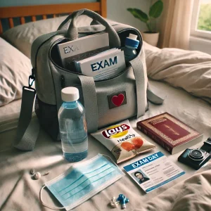 Essential items packed for exam day preparation, including ID and snacks.