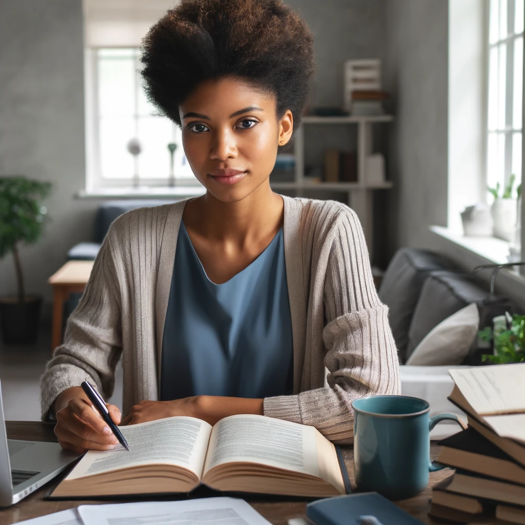 Effective Exam Preparation Strategies - A focused Black and Asian female social worker preparing for an exam, surrounded by books, a laptop, and notes in a well-lit, organized home office