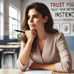 A social worker in a thoughtful pose, sitting at a desk with a pen in hand, confidently trusting their instincts while reviewing exam questions in a calm, organized office.