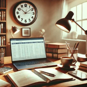 A serene study environment with an open notebook, a laptop displaying a study schedule, and a cup of coffee, symbolizing productive study time.