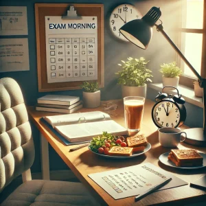 A serene morning scene with a nutritious breakfast, a checklist, and a cup of tea on a desk, symbolizing a well-prepared exam routine.